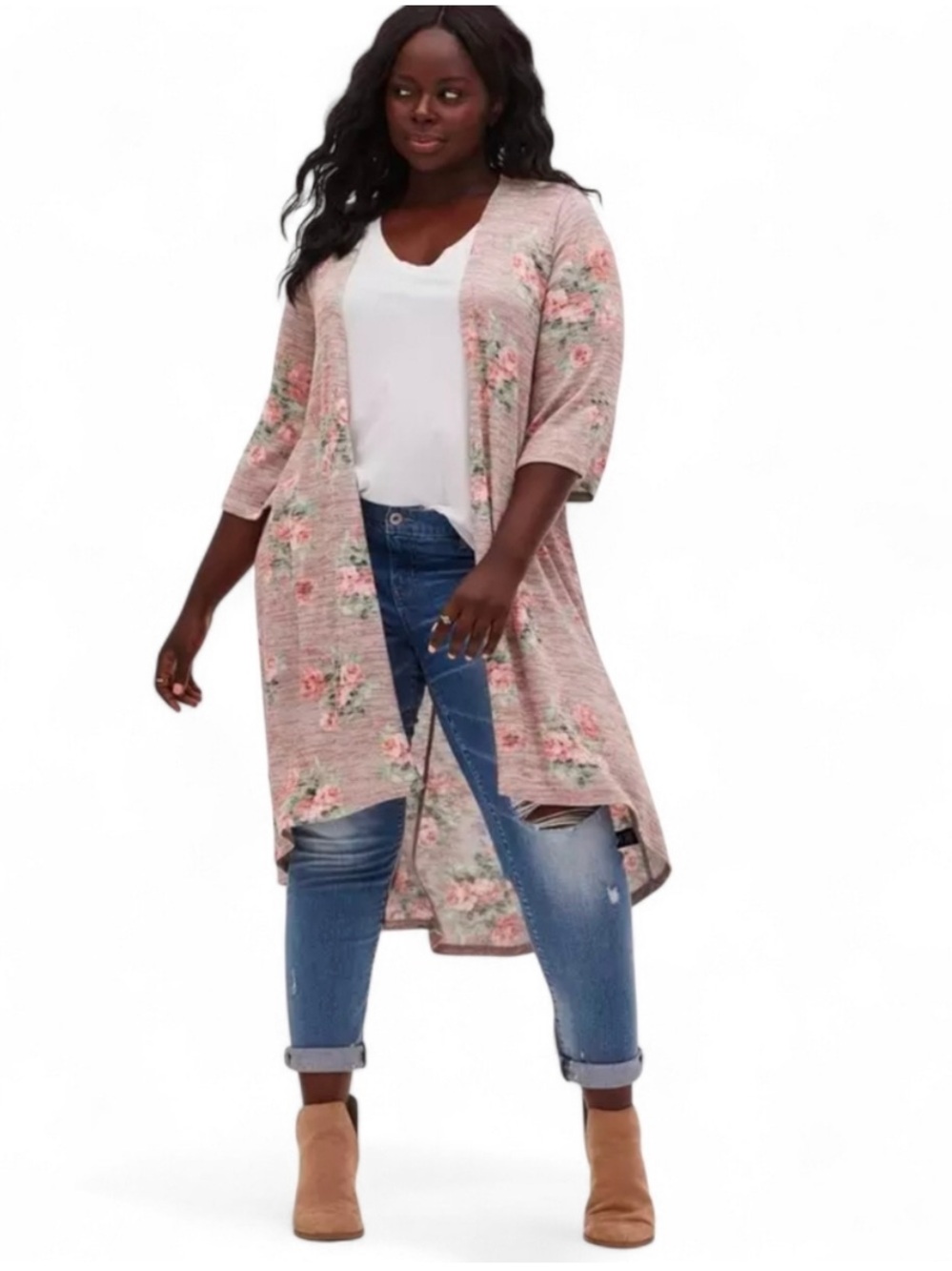 Torrid 1X NWT  long Floral Light Pink kimono style cardigan sweater lightweight